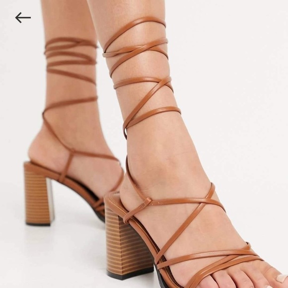 🍋🍊ASOS Waterlily Tie Leg Mid Heeled Sandals In Tan🍋🍊 - Picture 2 of 8
